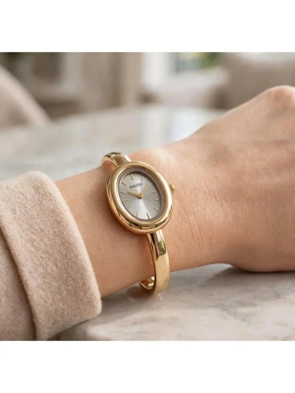 Women's White Bangle Bracelet Oval Dial Roman Numeral Elegant Style Wrist Watch